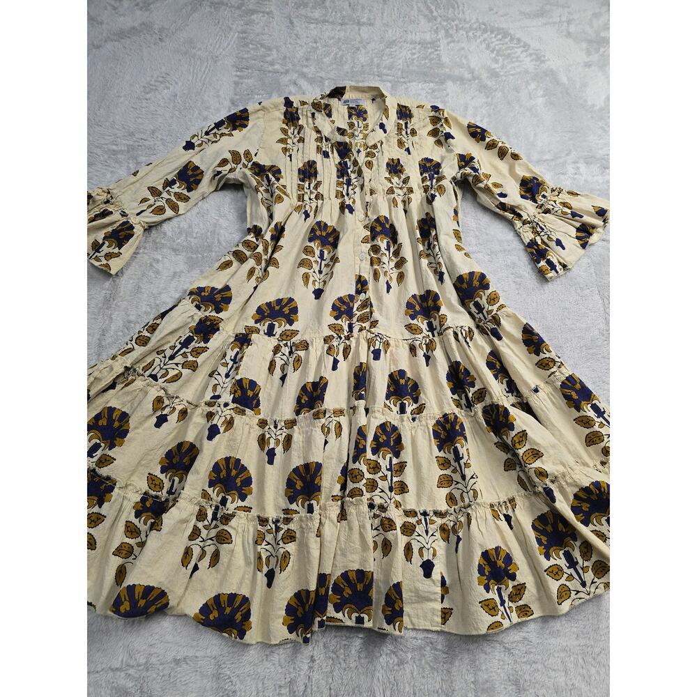 Handprint Dream Apparel Boho Tiered Mini Dress Sz L Flora Peasant Cottagecore - Picture 2 of 7